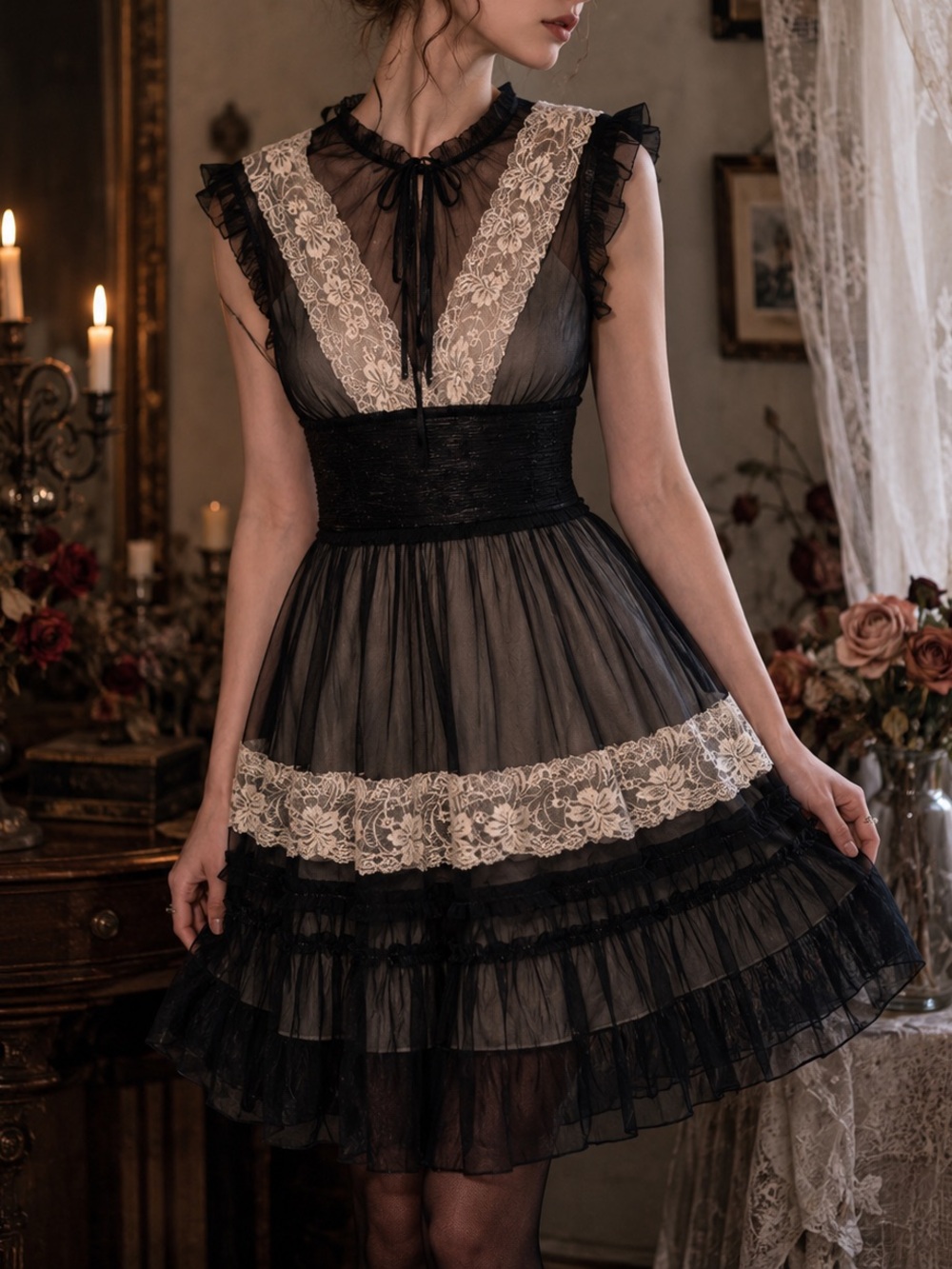 Season’s Designs Silk Lace Goth Coquette Victorian Midi Dress XS